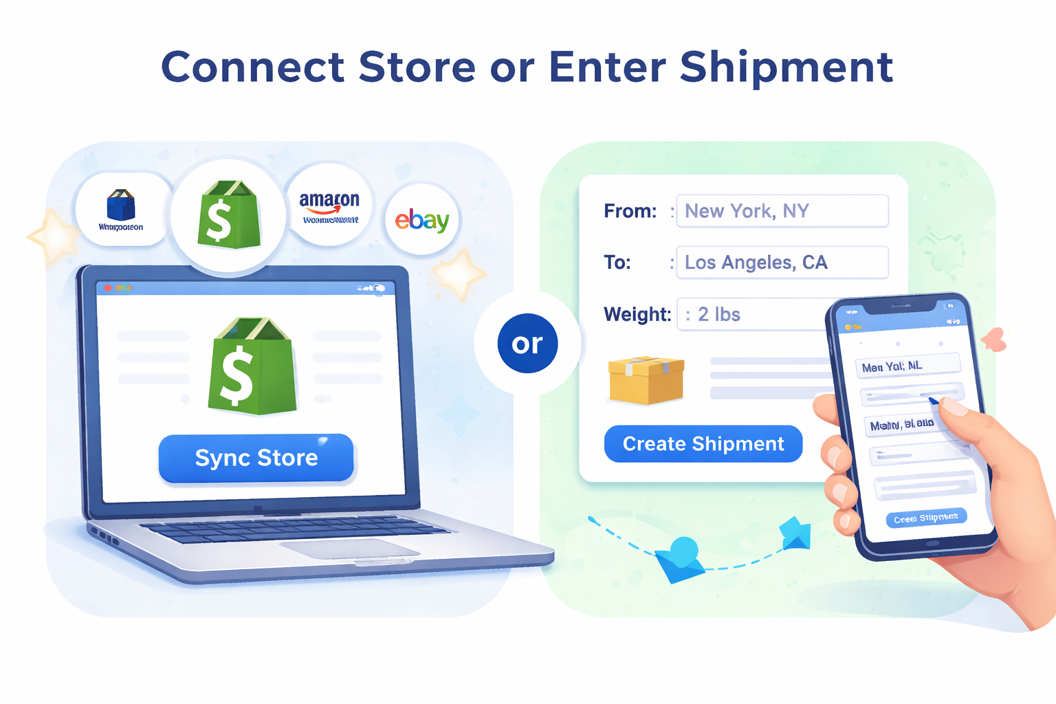 I want to have a pic that explains this section Connect Store or Enter Shipment Sync orders from Shopify any other storefront or manually enter packag-1